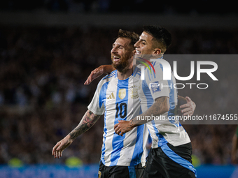 Lionel Messi and Thiago Almada of Argentina celebrate after scoring the fifth goal of their team during the FIFA World Cup 2026 Qualifier ma...