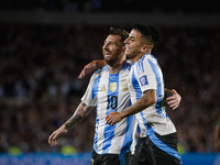 Lionel Messi and Thiago Almada of Argentina celebrate after scoring the fifth goal of their team during the FIFA World Cup 2026 Qualifier ma...