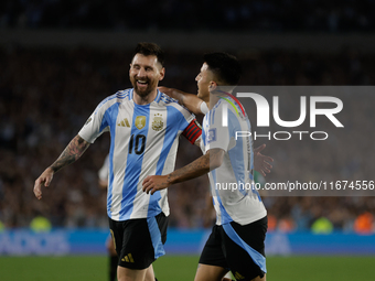 Lionel Messi and Thiago Almada of Argentina celebrate after scoring the fifth goal of their team during the FIFA World Cup 2026 Qualifier ma...