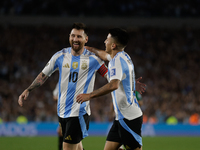 Lionel Messi and Thiago Almada of Argentina celebrate after scoring the fifth goal of their team during the FIFA World Cup 2026 Qualifier ma...