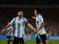 Lionel Messi and Thiago Almada of Argentina celebrate after scoring the fifth goal of their team during the FIFA World Cup 2026 Qualifier ma...