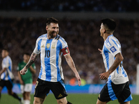 Lionel Messi and Thiago Almada of Argentina celebrate after scoring the fifth goal of their team during the FIFA World Cup 2026 Qualifier ma...