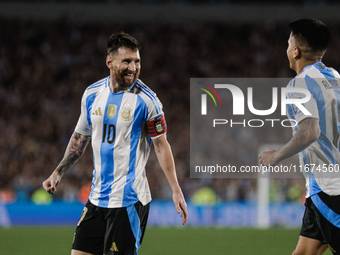 Lionel Messi and Thiago Almada of Argentina celebrate after scoring the fifth goal of their team during the FIFA World Cup 2026 Qualifier ma...