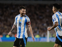 Lionel Messi and Thiago Almada of Argentina celebrate after scoring the fifth goal of their team during the FIFA World Cup 2026 Qualifier ma...