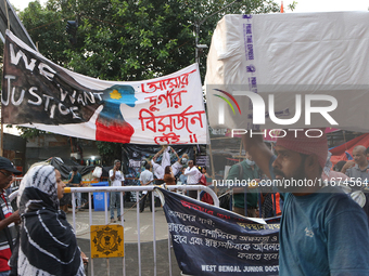 Indian daily laborers carry goods and walk past a doctor protest site in Kolkata, India, on October 17, 2024. (