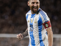 Lionel Messi of Argentina celebrates after he scores the fifth goal for his team during the FIFA World Cup 2026 Qualifier match between Arge...