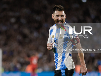 Lionel Messi of Argentina celebrates after he scores the fifth goal for his team during the FIFA World Cup 2026 Qualifier match between Arge...