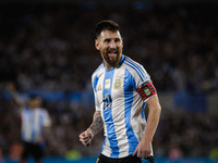 Lionel Messi of Argentina celebrates after he scores the fifth goal for his team during the FIFA World Cup 2026 Qualifier match between Arge...