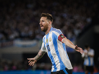 Lionel Messi of Argentina celebrates after he scores the fifth goal for his team during the FIFA World Cup 2026 Qualifier match between Arge...