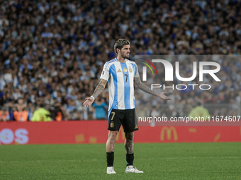 Rodrigo de Paul gestures during the FIFA World Cup 2026 Qualifier match between Argentina and Bolivia at Estadio Mas Monumental Antonio Vesp...