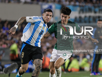 Enzo Fernandez of Argentina and Gabriel Villamil of Bolivia are in action during the FIFA World Cup 2026 Qualifier match between Argentina a...