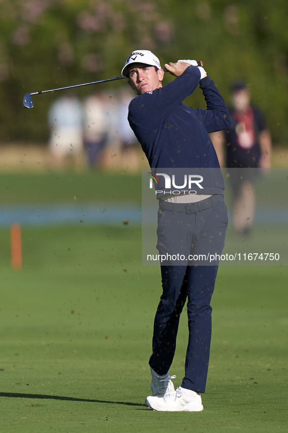 Tom McKibbin of North Ireland plays his second shot on the 14th hole on day one of the Estrella Damm N.A. Andalucia Masters 2024 at Real Clu...