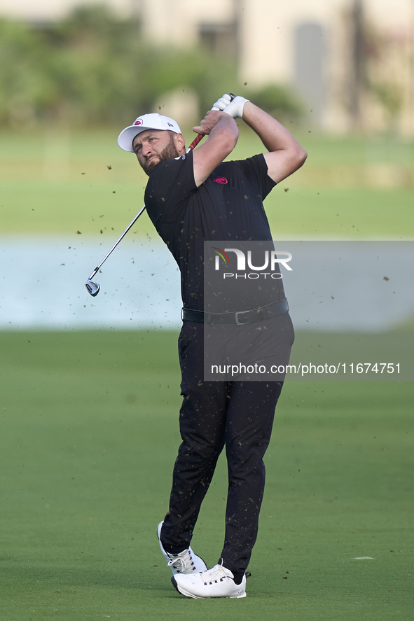 Jon Rahm of Spain plays his second shot on the 14th hole on day one of the Estrella Damm N.A. Andalucia Masters 2024 at Real Club de Golf So...