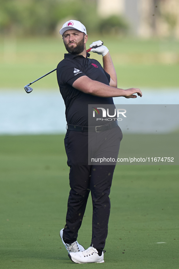 Jon Rahm of Spain plays his second shot on the 14th hole on day one of the Estrella Damm N.A. Andalucia Masters 2024 at Real Club de Golf So...