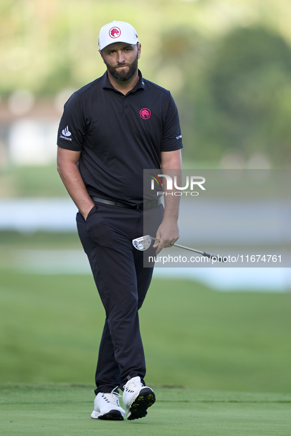 Jon Rahm of Spain reacts on the 14th green on day one of the Estrella Damm N.A. Andalucia Masters 2024 at Real Club de Golf Sotogrande in Sa...