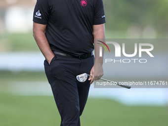 Jon Rahm of Spain reacts on the 14th green on day one of the Estrella Damm N.A. Andalucia Masters 2024 at Real Club de Golf Sotogrande in Sa...