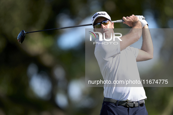 Julien Guerrier of France tees off on the 12th hole on day one of the Estrella Damm N.A. Andalucia Masters 2024 at Real Club de Golf Sotogra...