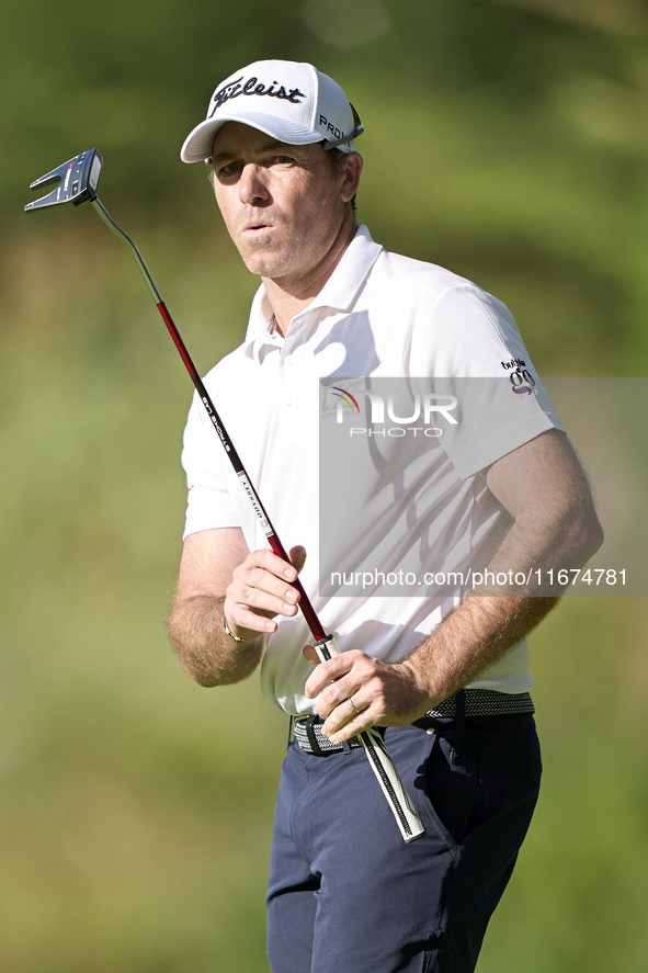 Julien Guerrier of France reacts on the 14th green on day one of the Estrella Damm N.A. Andalucia Masters 2024 at Real Club de Golf Sotogran...