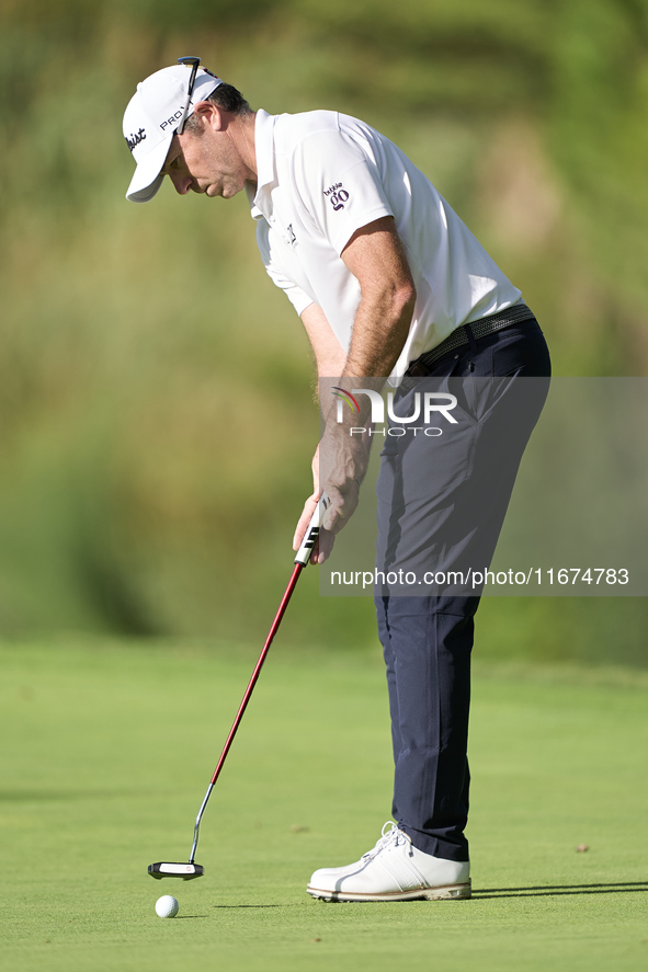 Julien Guerrier of France plays a shot on the 14th green on day one of the Estrella Damm N.A. Andalucia Masters 2024 at Real Club de Golf So...