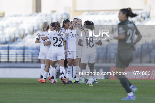 Several players of Real Madrid celebrate a goal during the UEFA Women's Champions League match between Real Madrid and Celtic Club Women at...