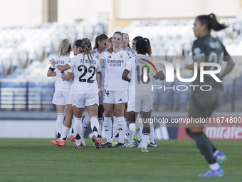 Several players of Real Madrid celebrate a goal during the UEFA Women's Champions League match between Real Madrid and Celtic Club Women at...