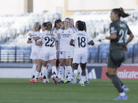 Several players of Real Madrid celebrate a goal during the UEFA Women's Champions League match between Real Madrid and Celtic Club Women at...