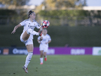 In Madrid, Spain, on October 17, Athenea del Castillo of Real Madrid Women controls the ball during the UEFA Women's Champions League match...