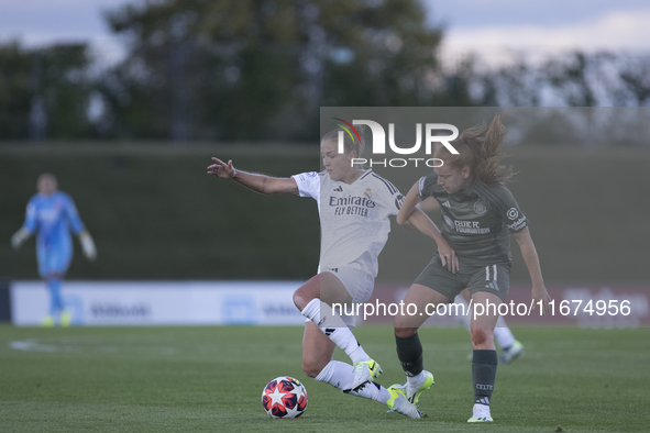 In Madrid, Spain, on October 17, Filippa Angeldahl of Real Madrid Women and Colette Cavanagh of Celtic Football Club Women fight for the bal...