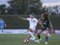 In Madrid, Spain, on October 17, Filippa Angeldahl of Real Madrid Women and Colette Cavanagh of Celtic Football Club Women fight for the bal...