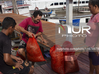 A man arrives with goods at the mouth of the Amazon River in Afua, Para, Brazil, on September 27, 2024. (