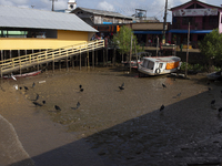 The Afua waterfront with boats during low tide in Afua, Para, Brazil, on September 29, 2024. (