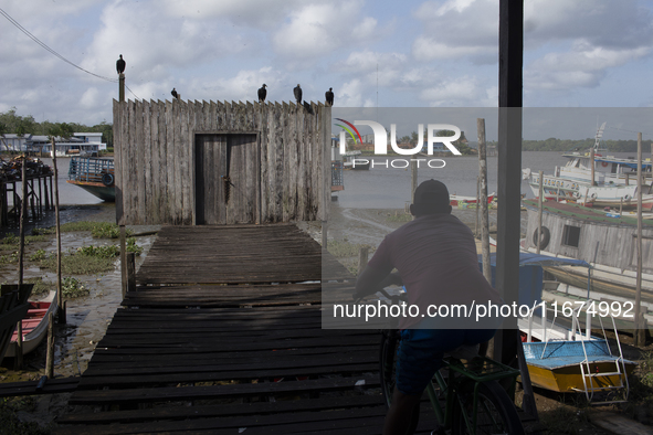 A man sits on a bicycle and looks out over the entrance to a pier in Afua, Para, Brazil, on September 29, 2024. 