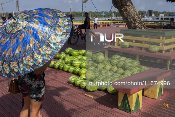 A woman with umbrellas looks at melons in the town's port in Afua, Para, Brazil, on September 29, 2024. 