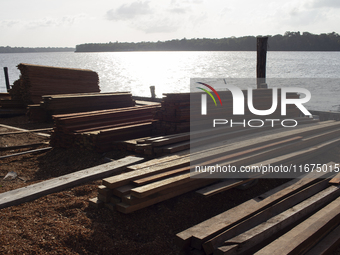 Wood is used to build the streets of the city of Afua, located at the mouth of the Amazon River, in Afua, Para, Brazil, on September 29, 202...