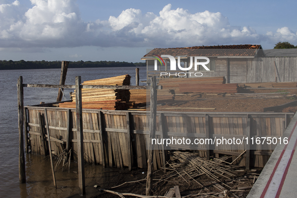 Wood is used to build the streets of the city of Afua, located at the mouth of the Amazon River, in Afua, Para, Brazil, on September 29, 202...