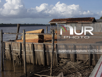 Wood is used to build the streets of the city of Afua, located at the mouth of the Amazon River, in Afua, Para, Brazil, on September 29, 202...