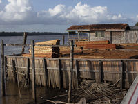 Wood is used to build the streets of the city of Afua, located at the mouth of the Amazon River, in Afua, Para, Brazil, on September 29, 202...