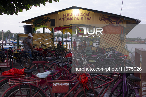 Bicycles park in front of the municipal Acai market, a fruit widely consumed in the Brazilian Amazon, also known as the black gold of the Am...