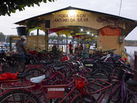 Bicycles park in front of the municipal Acai market, a fruit widely consumed in the Brazilian Amazon, also known as the black gold of the Am...