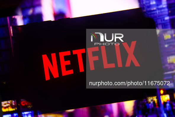 Netflix logo is screened on a mobile phone for illustration photo. Krakow, Poland on October 17th, 2024. 