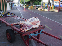 Beef is in a wheelbarrow on the street in Afua, Para, Brazil, on October 2, 2024. (