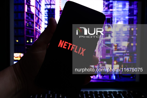 Netflix logo is screened on a mobile phone for illustration photo. Krakow, Poland on October 17th, 2024. 