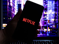 Netflix logo is screened on a mobile phone for illustration photo. Krakow, Poland on October 17th, 2024. (