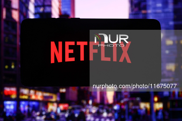 Netflix logo is screened on a mobile phone for illustration photo. Krakow, Poland on October 17th, 2024. 