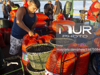 Acai fruit traders, known as the black gold of the Amazon, are at the municipal market in Afua, Para, Brazil, on October 2, 2024. (