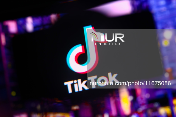 TikTok logo is screened on a mobile phone for illustration photo. Krakow, Poland on October 17th, 2024. 