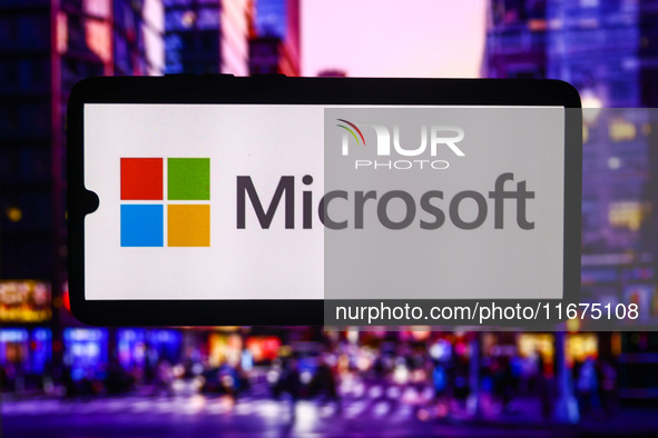 Microsoft logo is screened on a mobile phone for illustration photo. Krakow, Poland on October 17th, 2024. 