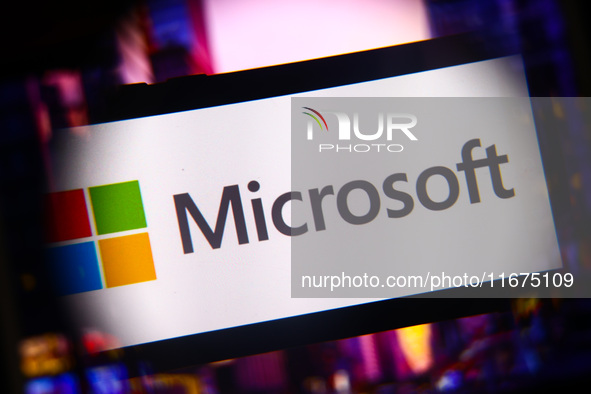 Microsoft logo is screened on a mobile phone for illustration photo. Krakow, Poland on October 17th, 2024. 