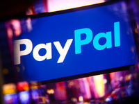 PayPal logo is screened on a mobile phone for illustration photo. Krakow, Poland on October 17th, 2024. (