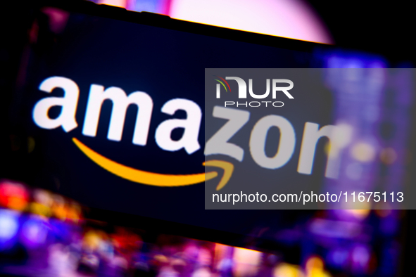 Amazon logo is screened on a mobile phone for illustration photo. Krakow, Poland on October 17th, 2024. 